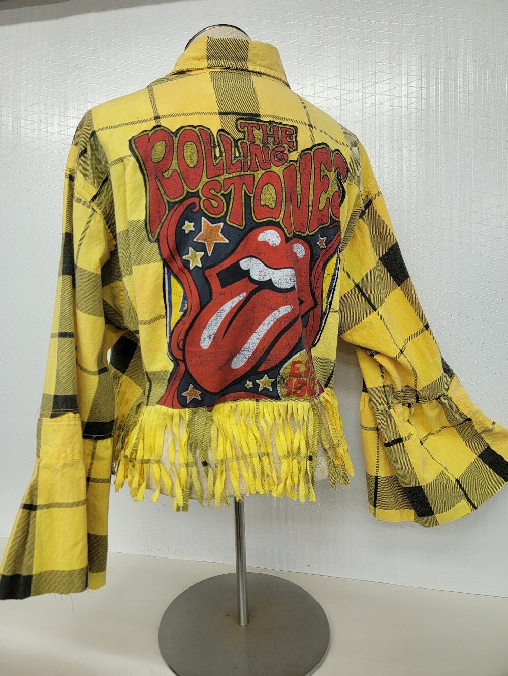 The Rolling Stones Plaid Fringe Shirt Jacket Shacket Upcycled - Picture 3 of 7